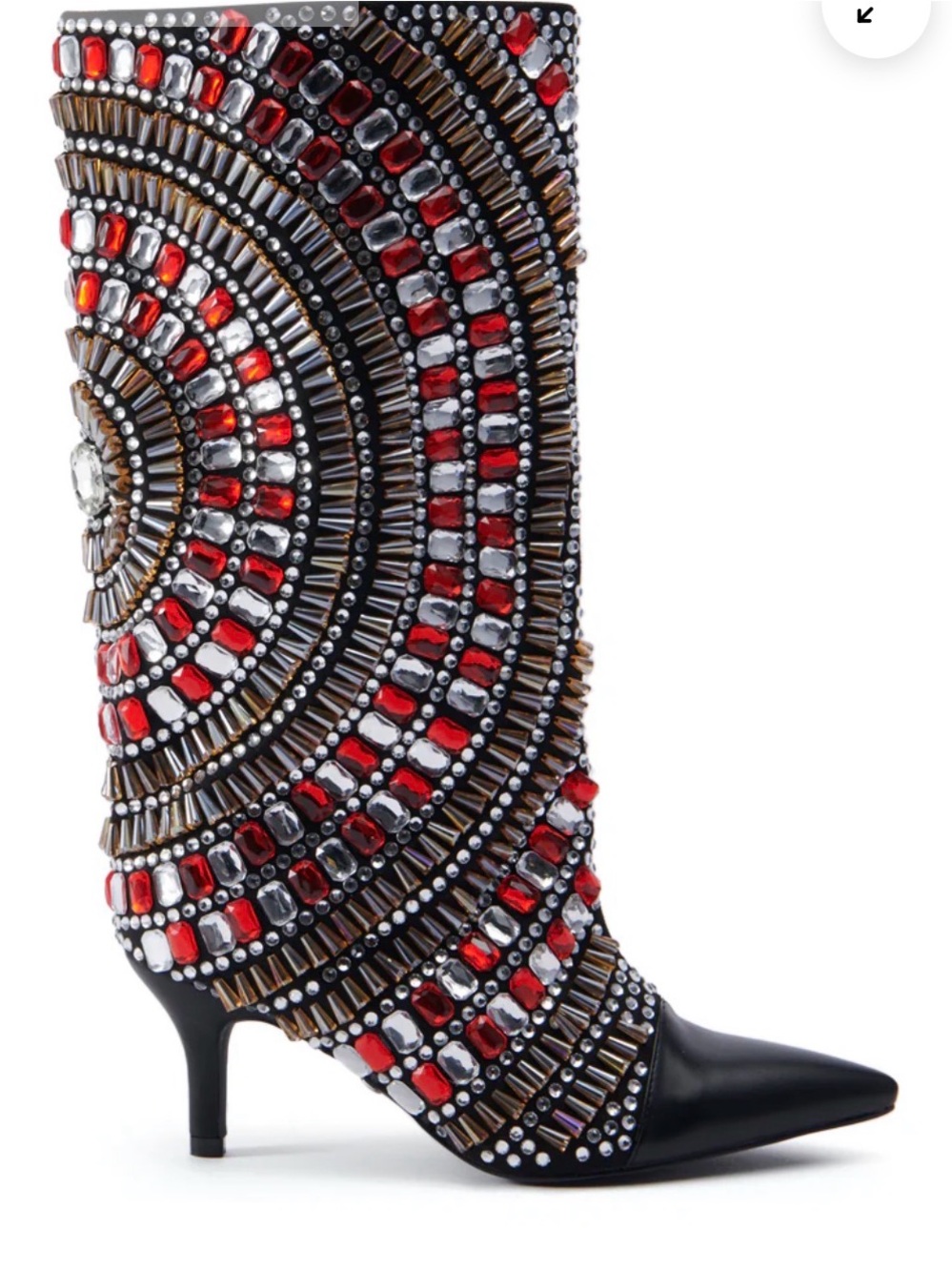 Studded Black Heeled Boot with Red and Silver Jewel Detailing